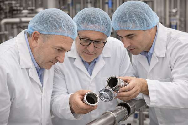 Analyse des causes racines IFS en industrie agroalimentaire avec démontage de raccords inox et inspection de tuyauteries en atelier de laiterie