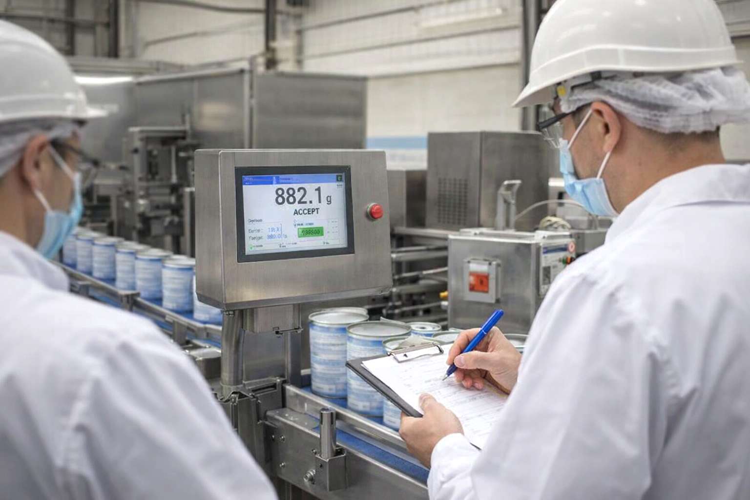 Contrôle pondéral en production de lait infantile lors d’un audit interne IFS avec lecture des valeurs sur écran