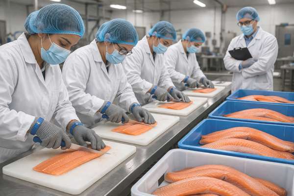 Audit qualité agroalimentaire sur ligne de découpe de filets de poisson avec contrôle des pratiques et sécurité opérateurs