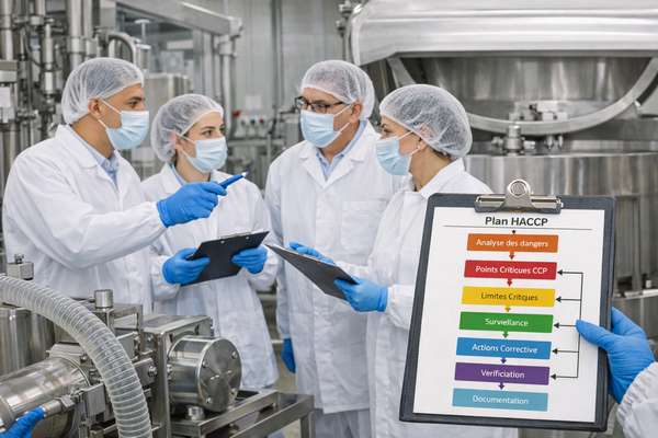Groupe HACCP observant une installation de production de pâtisserie industrielle avec vérification du diagramme HACCP sur le terrain