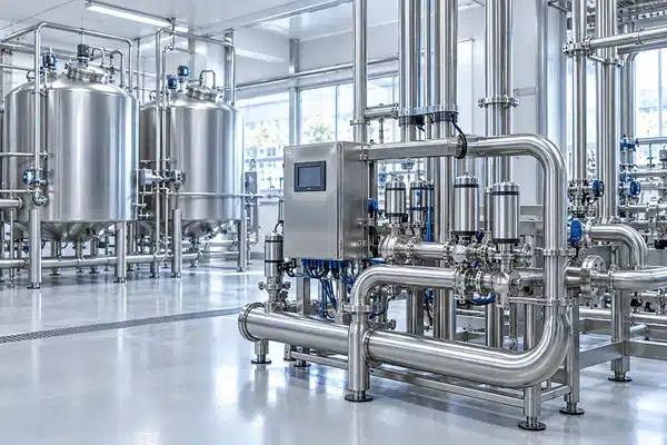 Cuves, vannes et tuyauteries en inox d’une installation de nettoyage en place