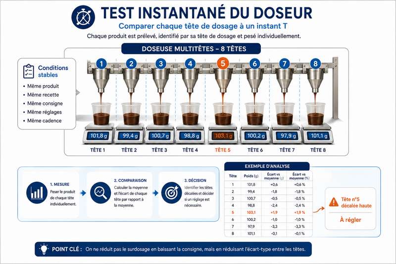 Schéma du test instantané d’une doseuse multitêtes montrant le prélèvement, la pesée et la comparaison des poids de chaque tête de dosage afin d’identifier les têtes à régler