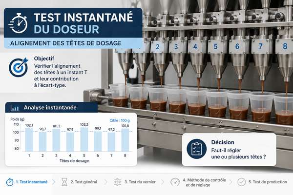 Test instantané d’une doseuse multitêtes pour vérifier l’alignement des têtes de dosage