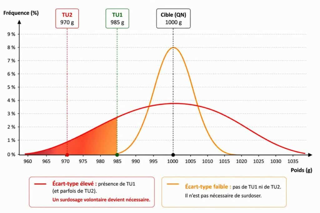 Courbes de Gauss illustrant la variabilité du process en agroalimentaire avec un écart-type faible et élevé montrant les seuils TU1 et TU2